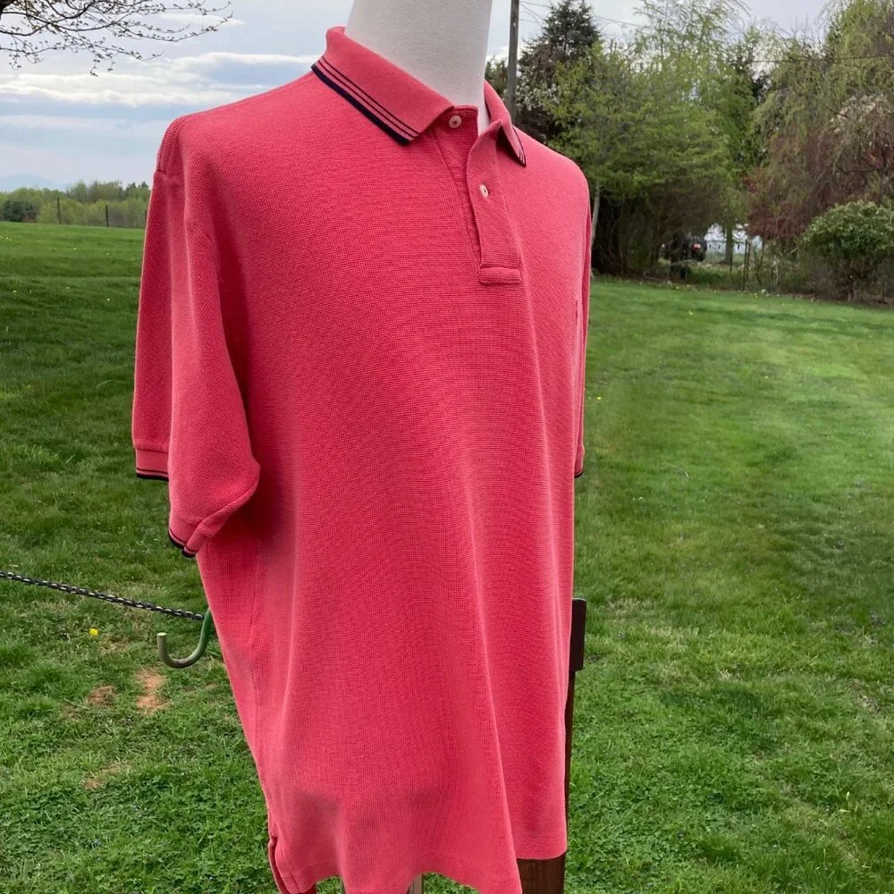 Polo by Ralph Lauren Polo Shirt Coral with Navy Collar Striping Men's Size XL